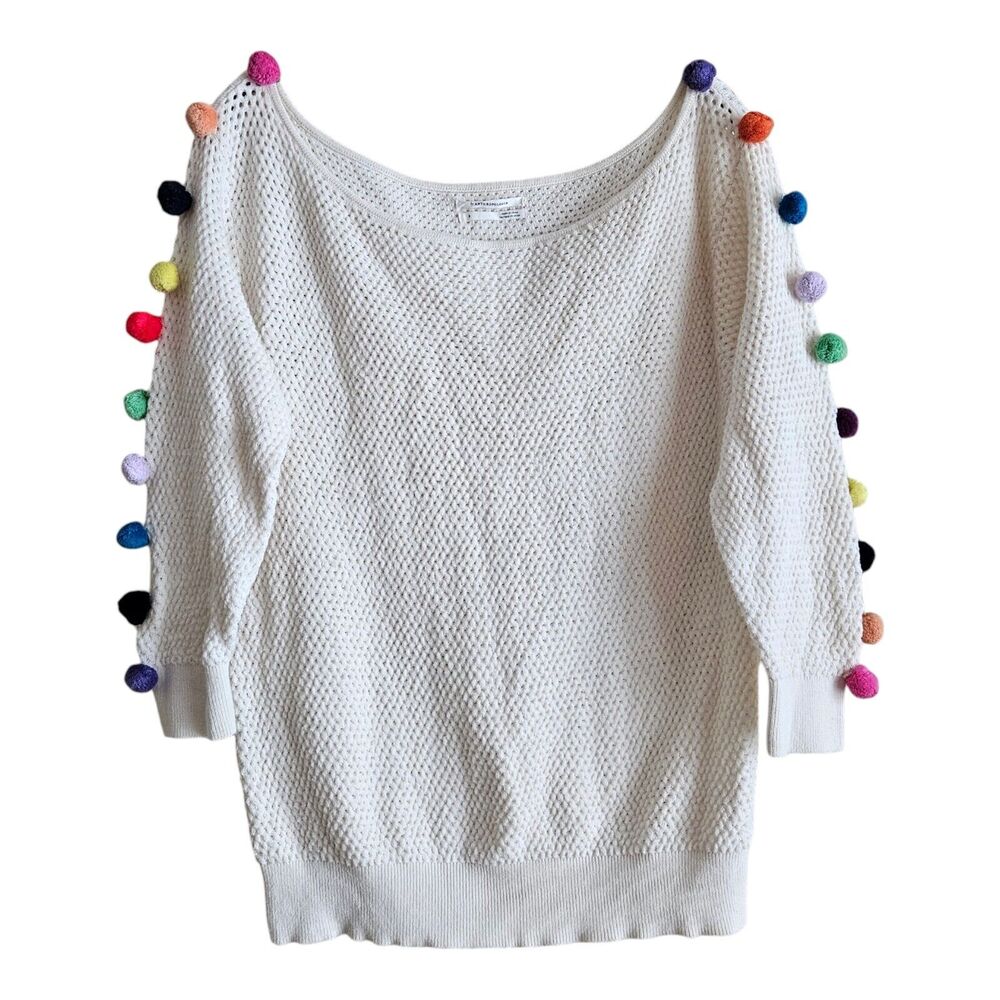 ANTHROPOLOGIE Women's S Sweater Cream with Multicolor Pom Poms Cotton Blend 34"